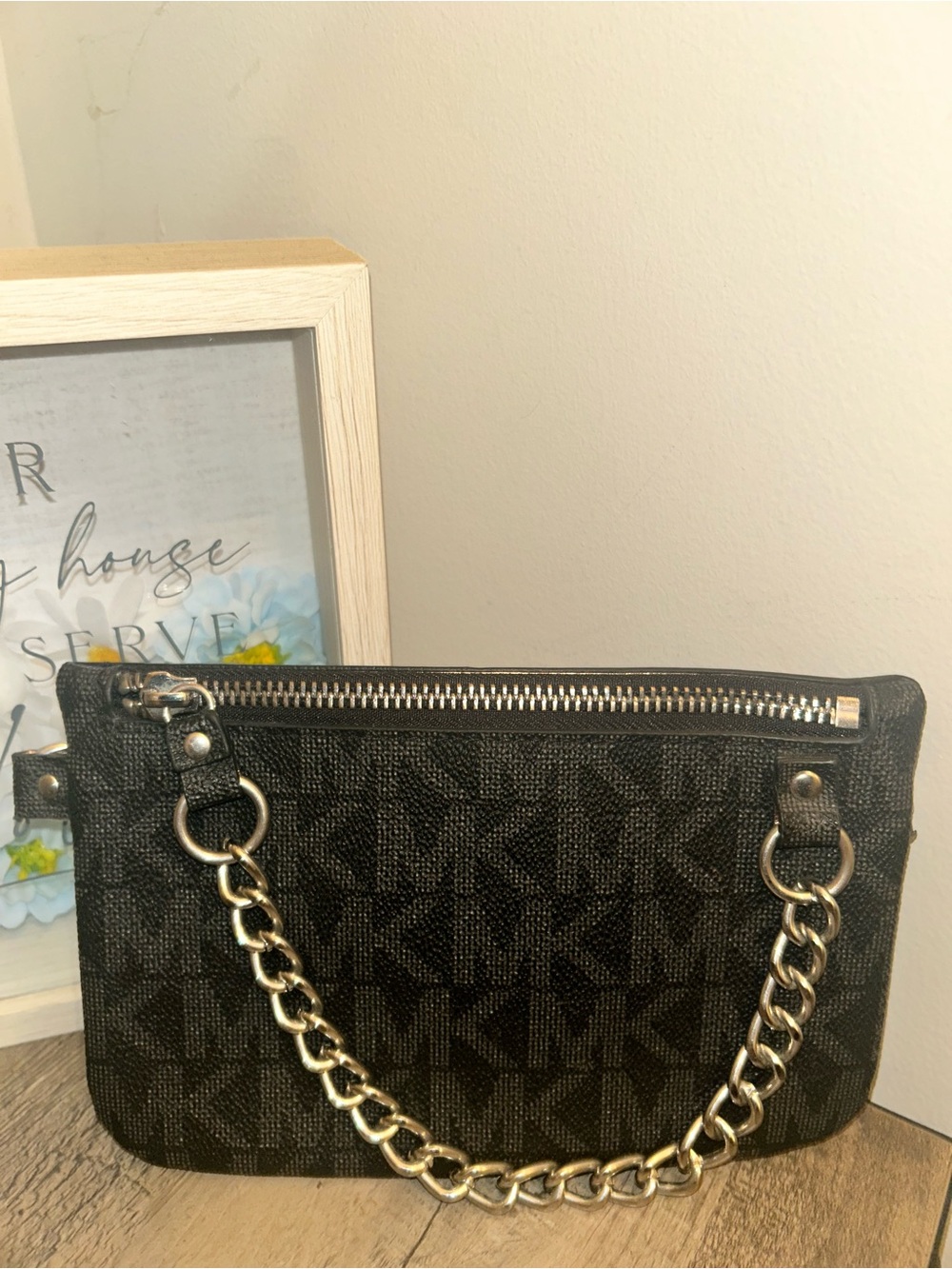 Michael Kors Mott Black Grey Monogram Chain Belt Bag Fanny Pack Size M